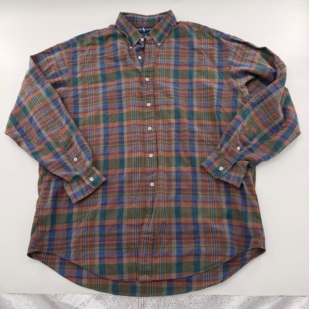 Ralph Lauren Blaire Logo Embroidered Plaid Button Up Shirt Brown Blue Men’s
